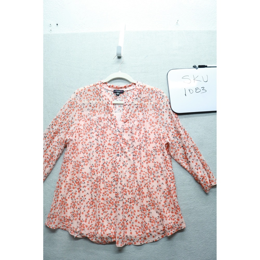 Cocomo Blouse Women Large Peach Floral Mesh 3/4 Sleeve Split Neck 3MES84U2931321
